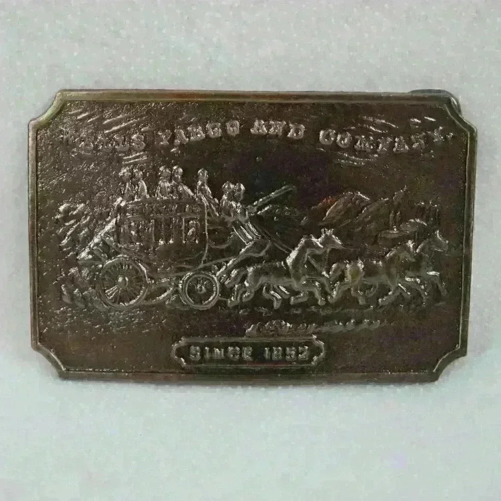 Vintage Belt Buckle Wells Fargo & Company 1852 Metal Western Style Horse Coach - Picture 2 of 12